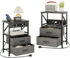 2 Pcs Bedside Table with Power Strip Cabinet