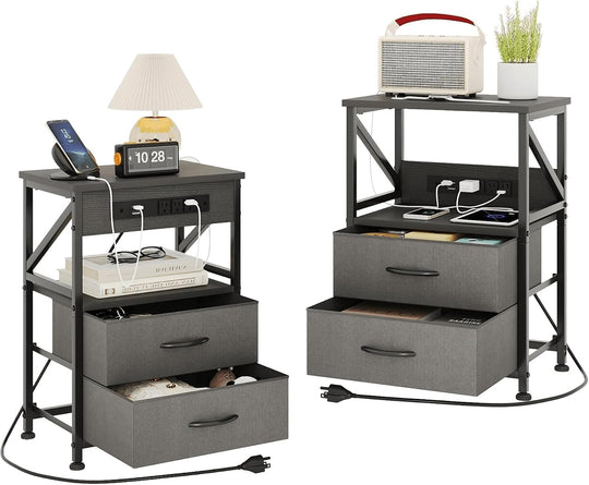 2 Pcs Bedside Table with Power Strip Cabinet