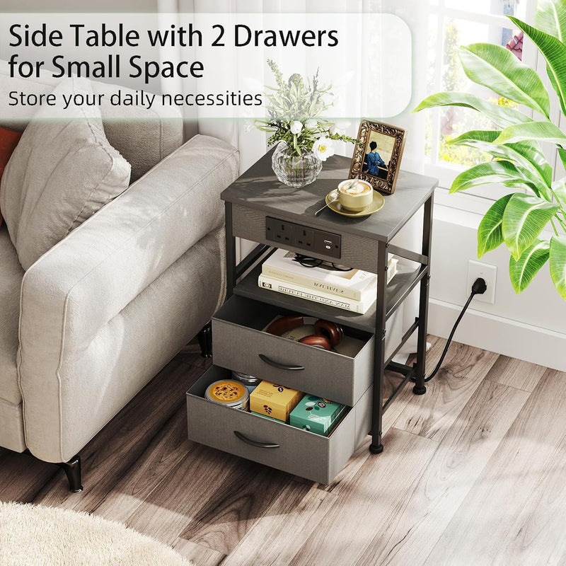 2 Pcs Bedside Table with Power Strip Cabinet