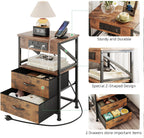 2 Pcs Bedside Table with Power Strip Cabinet