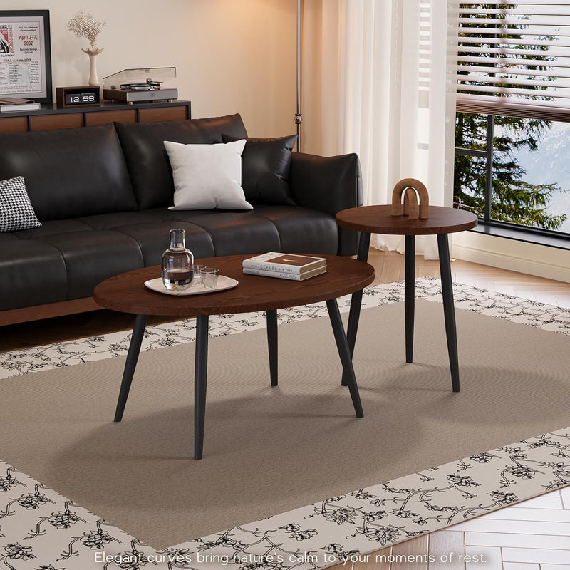 2 Pcs Oval Coffee Table Retro Walnut Tables