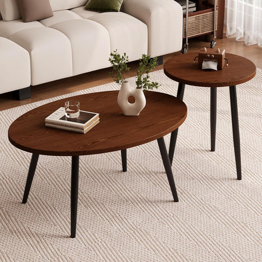 2 Pcs Oval Coffee Table Retro Walnut Tables