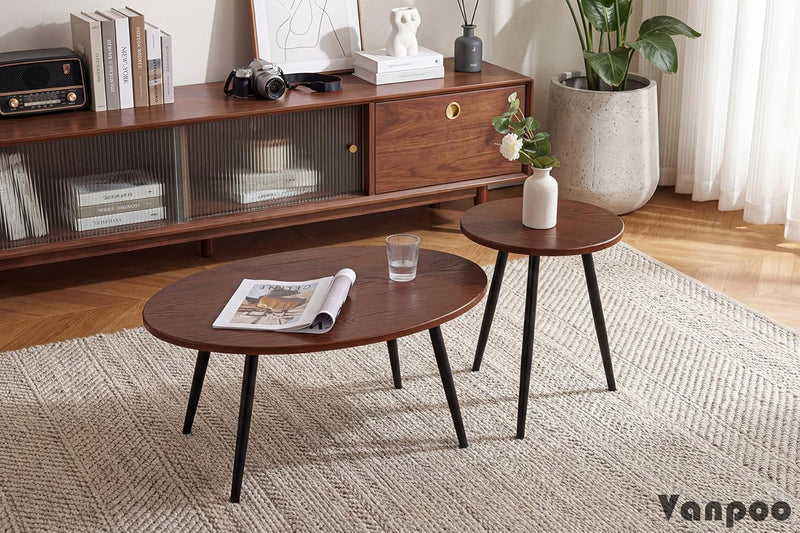 2 Pcs Oval Coffee Table Retro Walnut Tables