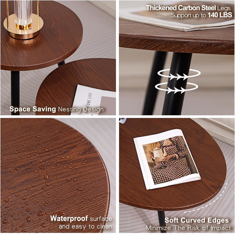 2 Pcs Oval Coffee Table Retro Walnut Tables
