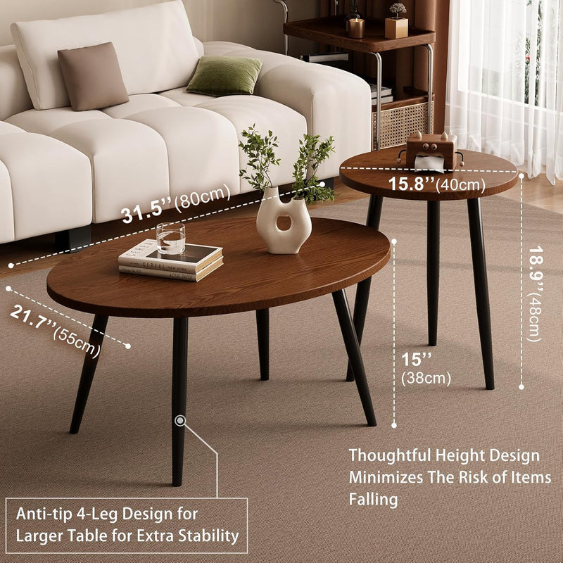 2 Pcs Oval Coffee Table Retro Walnut Tables