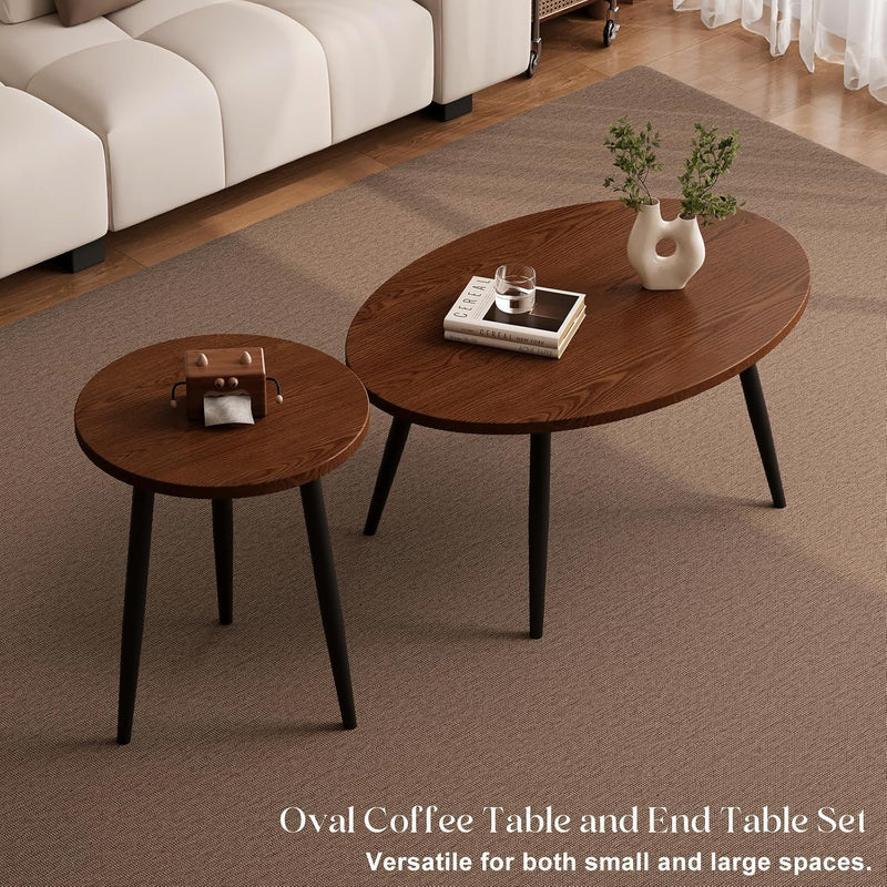 2 Pcs Oval Coffee Table Retro Walnut Tables