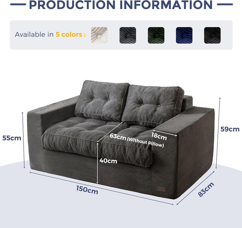 2 Seater Sofa Corduroy Couch with Armrests Loveseat