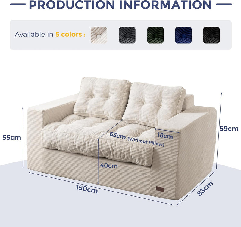 2 Seater Sofa Corduroy Couch with Armrests Loveseat