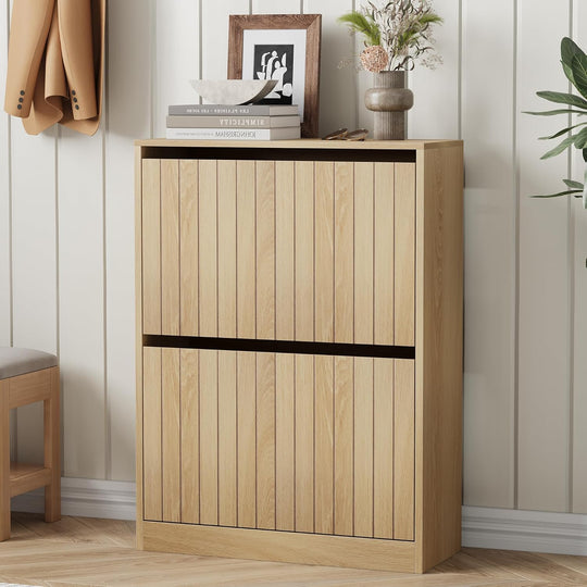 2 Tier Drawer Shoe Cabinet 80x60x24CM Wooden Storage