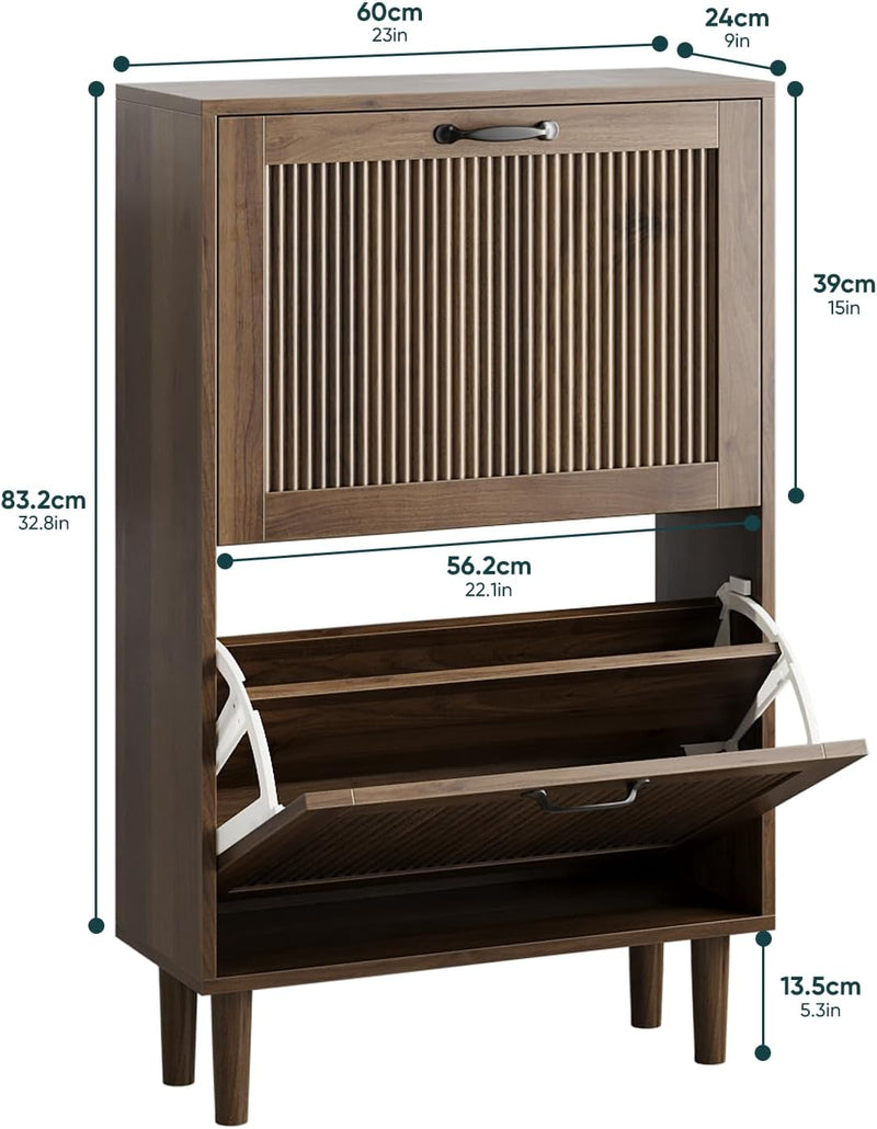 2-Tier Drawer Shoe Cabinet Wooden Storage with Sliding
