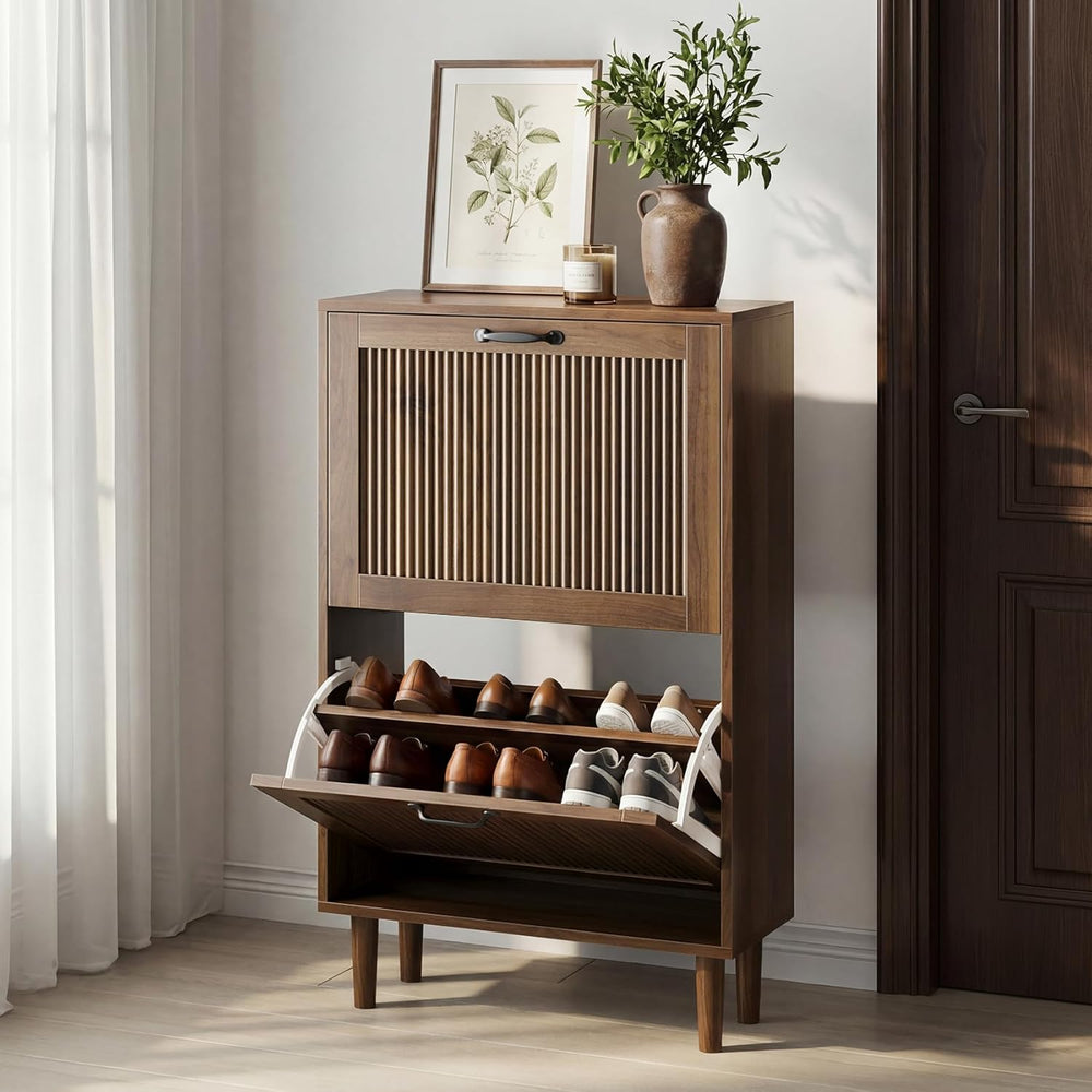 2-Tier Drawer Shoe Cabinet Wooden Storage with Sliding