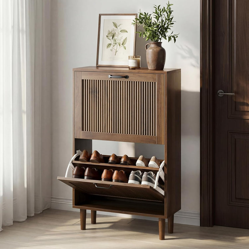 2-Tier Drawer Shoe Cabinet Wooden Storage with Sliding