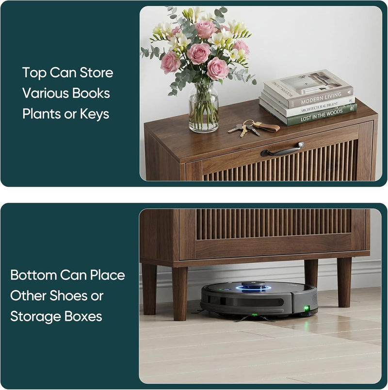 2-Tier Drawer Shoe Cabinet Wooden Storage with Sliding