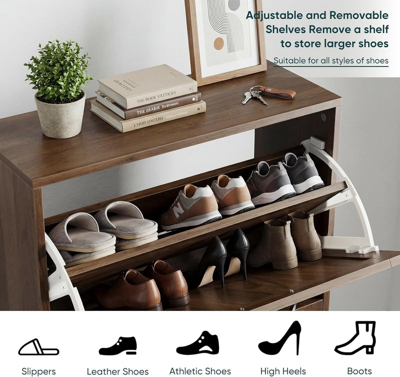 2-Tier Drawer Shoe Cabinet Wooden Storage with Sliding