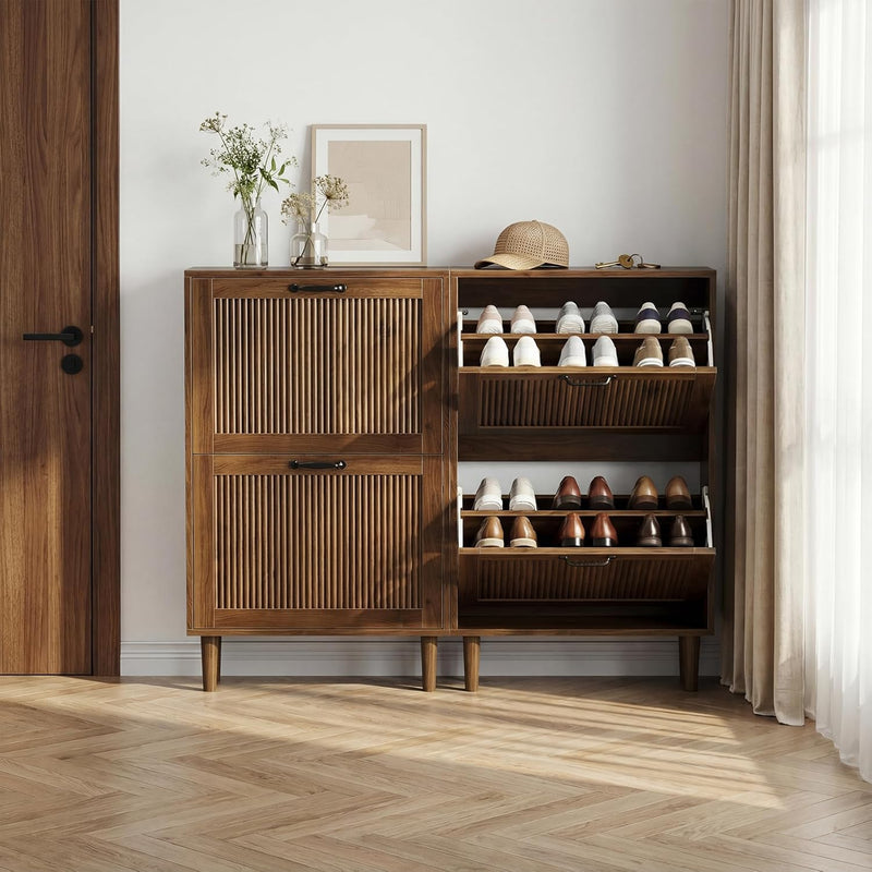 2-Tier Drawer Shoe Cabinet Wooden Storage with Sliding
