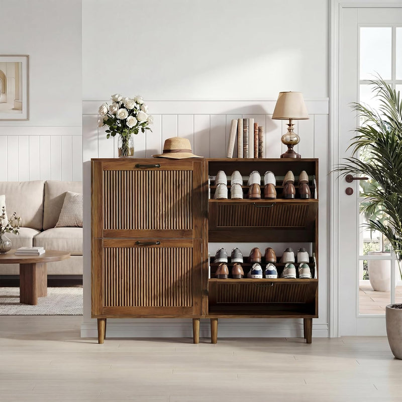 2-Tier Drawer Shoe Cabinet Wooden Storage with Sliding