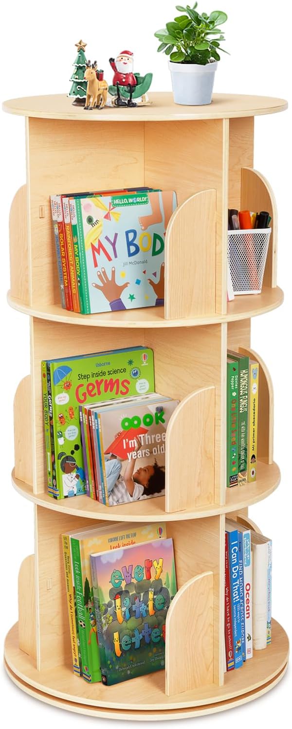 2-Tier Rotating Bookshelf Small Corner Wooden Spinning Book