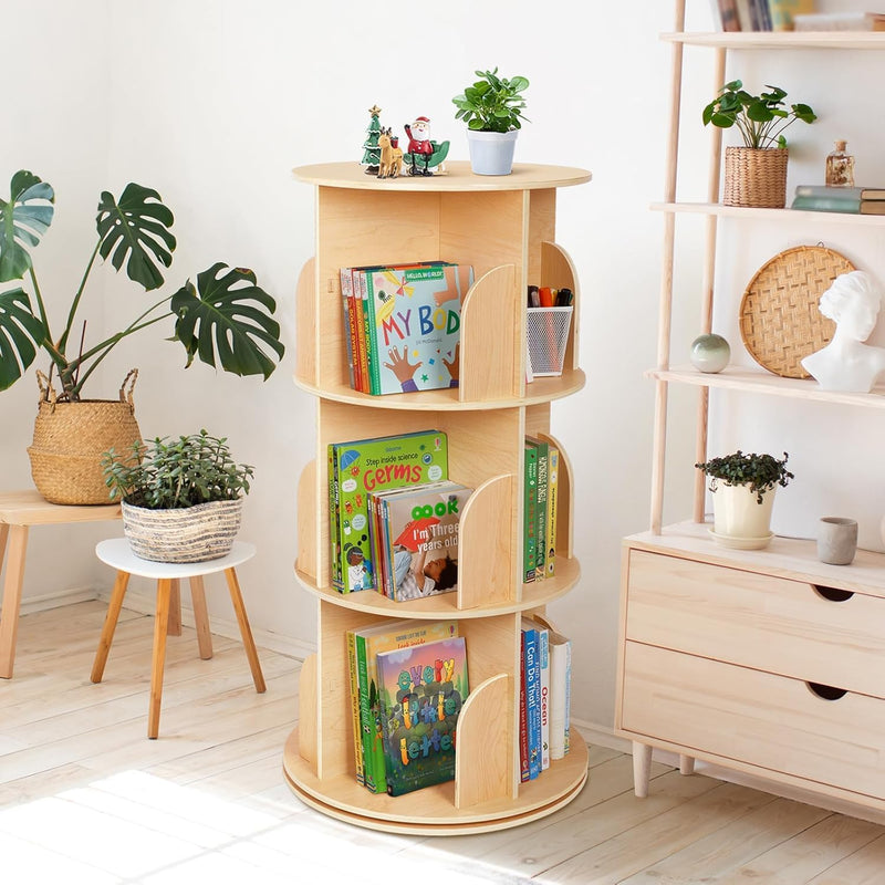 2-Tier Rotating Bookshelf Small Corner Wooden Spinning Book