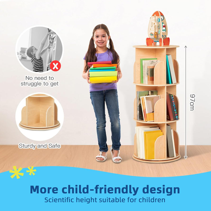 2-Tier Rotating Bookshelf Small Corner Wooden Spinning Book