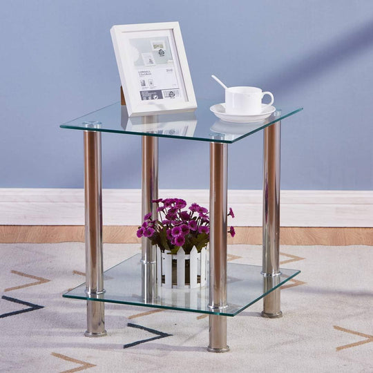 2-Tier Small Glass Coffee Table Corner Side End
