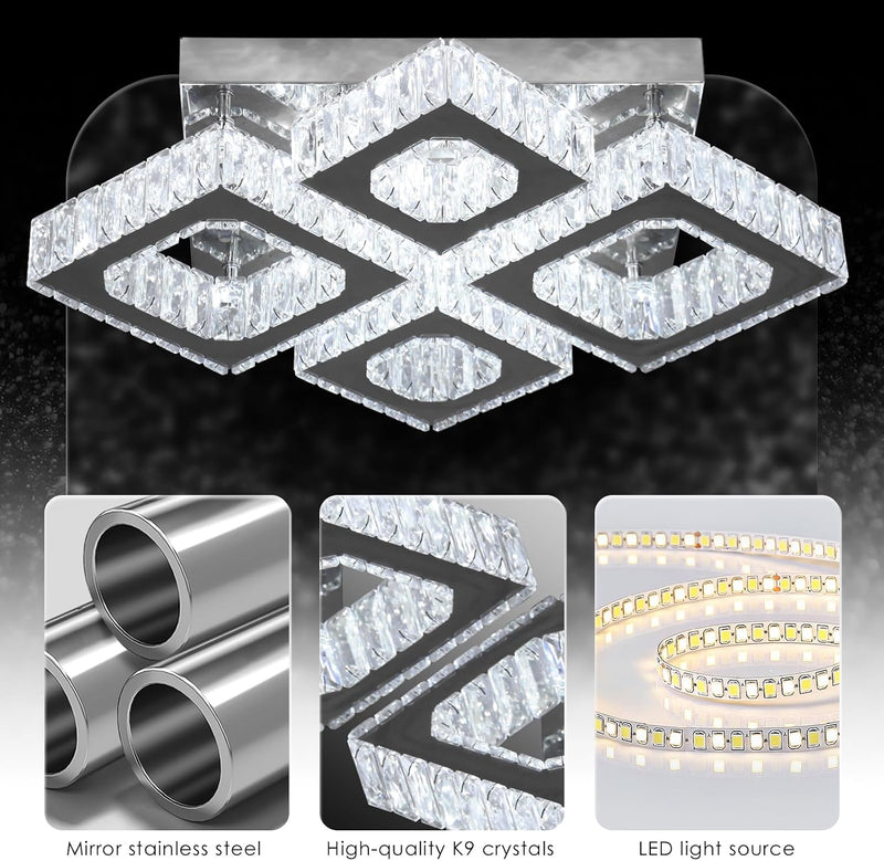 22" Dimmable Square Crystal Ceiling Light LED Flush