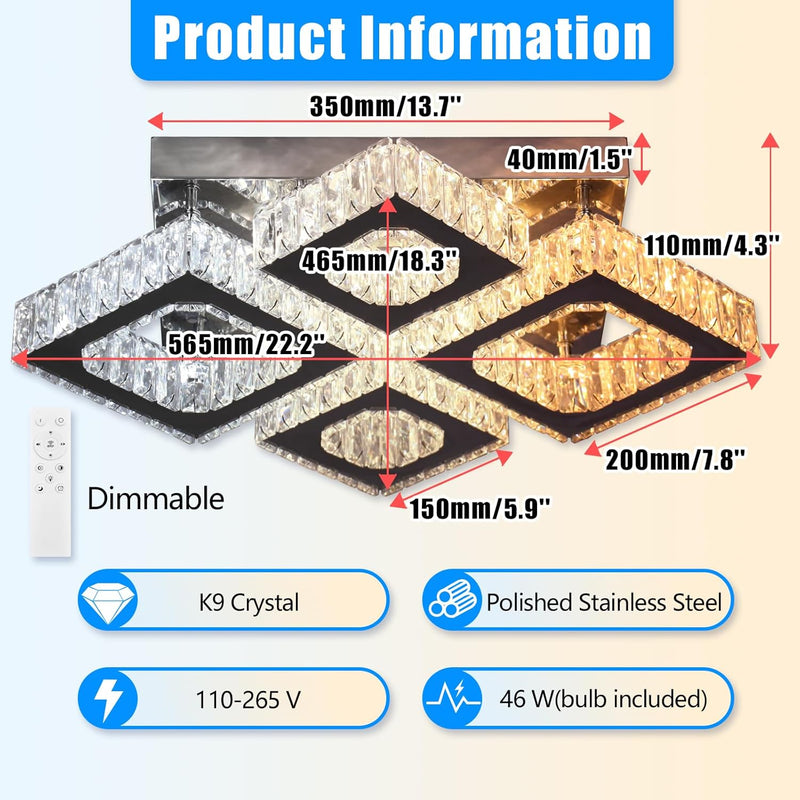 22" Dimmable Square Crystal Ceiling Light LED Flush
