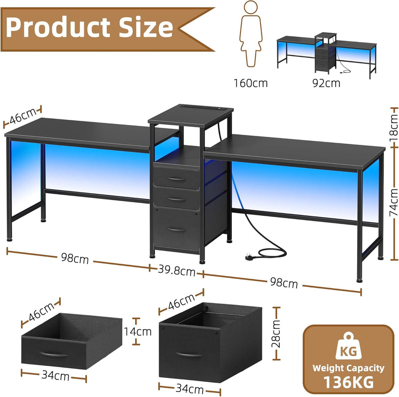 236CM Double Desk with Charging Station LED Drawers