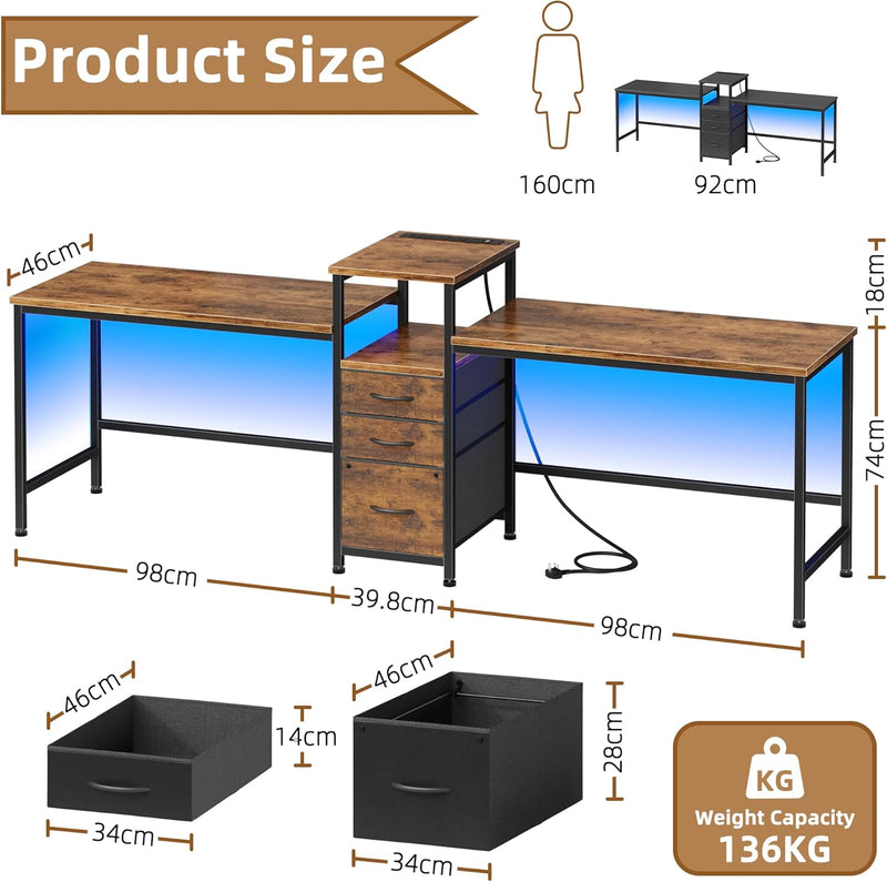 236CM Double Desk with Charging Station LED Drawers