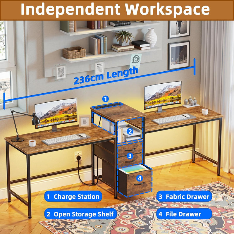 236CM Double Desk with Charging Station LED Drawers