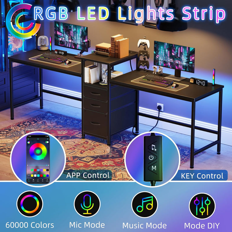 236CM Double Desk with Charging Station LED Drawers