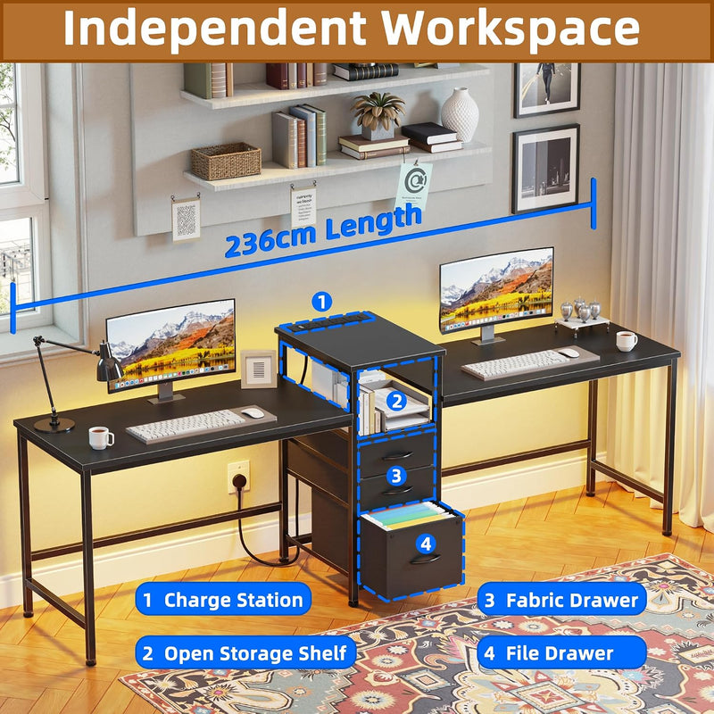 236CM Double Desk with Charging Station LED Drawers