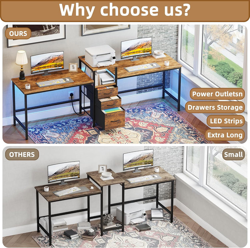 236CM Double Desk with Charging Station LED Drawers