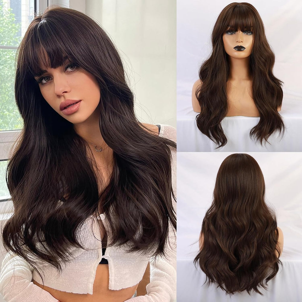 24" Synthetic Natural Long Wave Wigs with Neat
