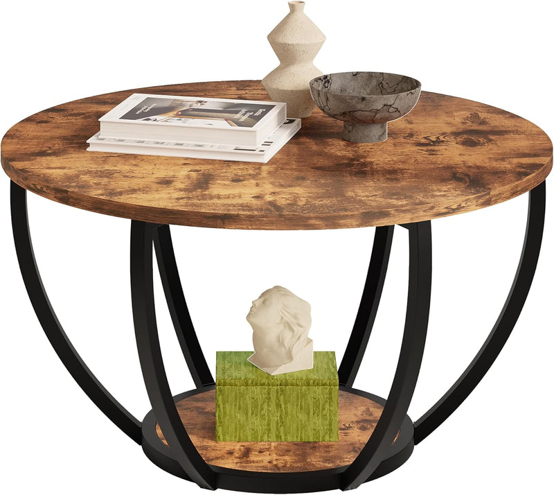 28" Round Coffee Table with Storage 2-Tier Wood