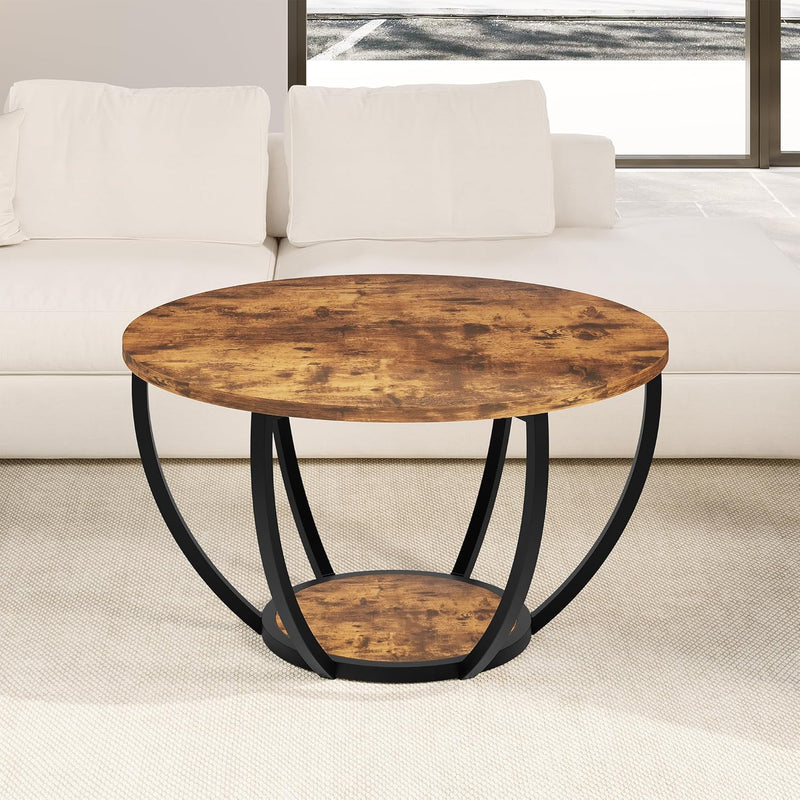 28" Round Coffee Table with Storage 2-Tier Wood