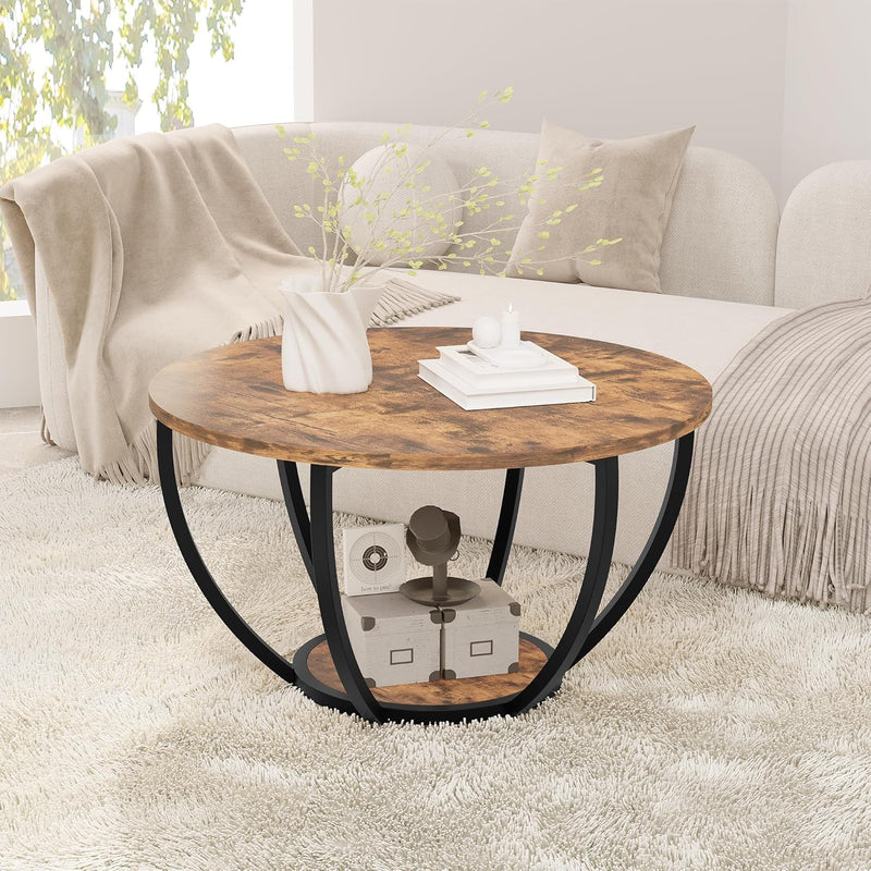 28" Round Coffee Table with Storage 2-Tier Wood