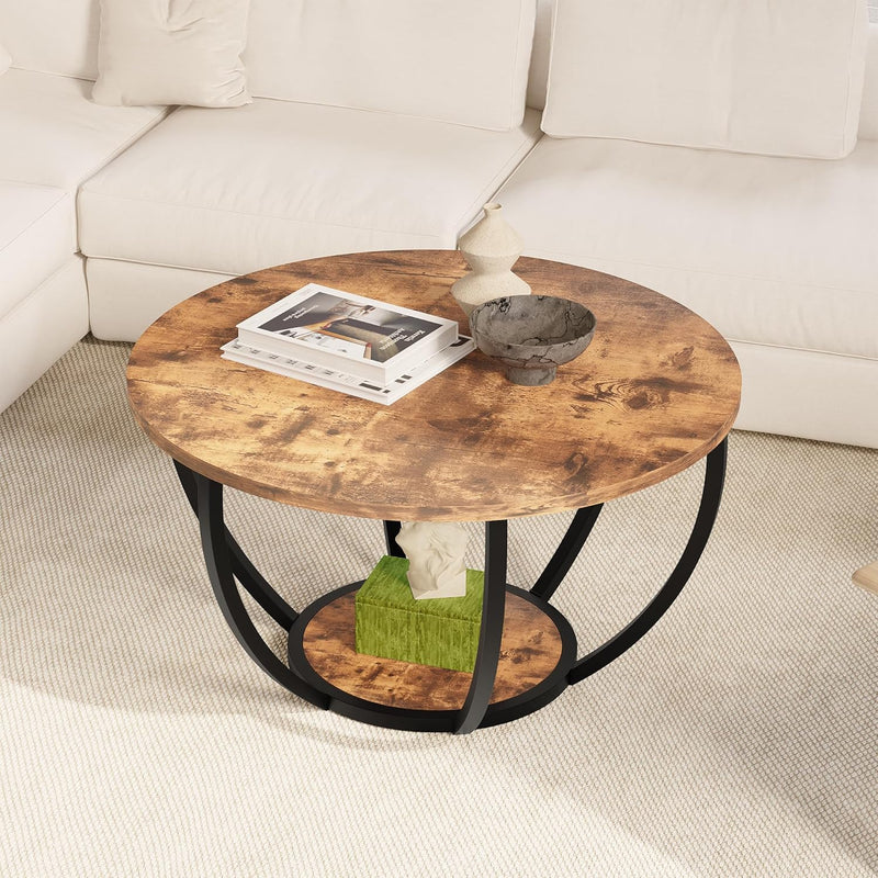 28" Round Coffee Table with Storage 2-Tier Wood