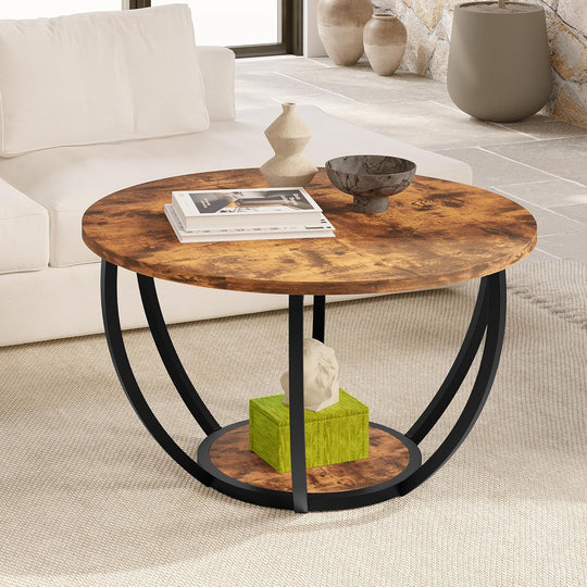 28" Round Coffee Table with Storage 2-Tier Wood