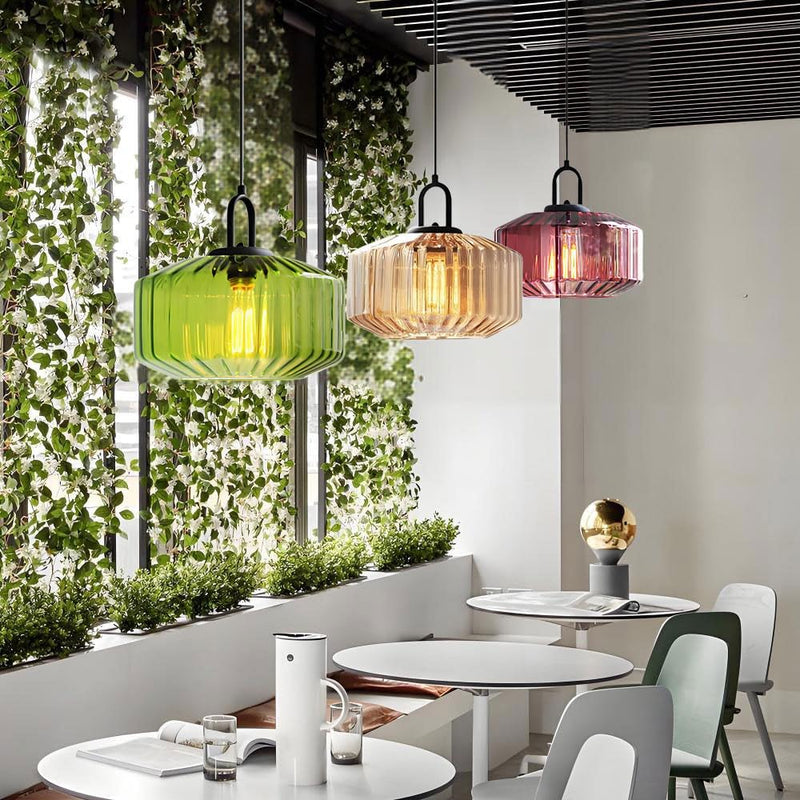 28CM Vintage Industrial Ribbed Dome Glass Pendant Light