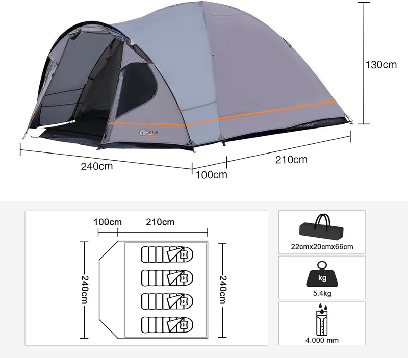 3-4 Man Tent with Porch Camping for 3