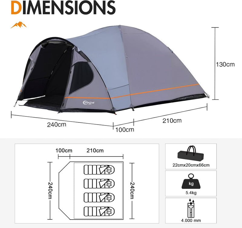 3-4 Man Tent with Porch Camping for 3