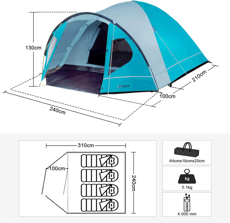 3-4 Man Tent with Porch Camping for 3