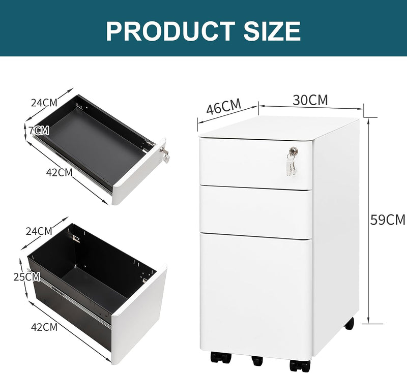 3-Drawer Metal Filing Cabinet on Wheels Fully Assembled