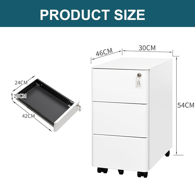 3-Drawer Metal Filing Cabinet on Wheels Fully Assembled
