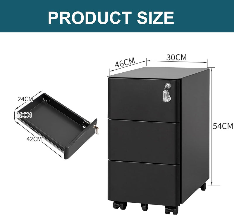 3-Drawer Metal Filing Cabinet on Wheels Fully Assembled