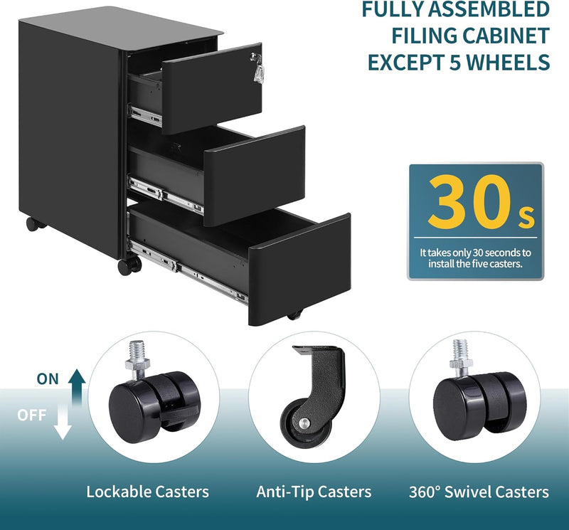 3-Drawer Metal Filing Cabinet on Wheels Fully Assembled