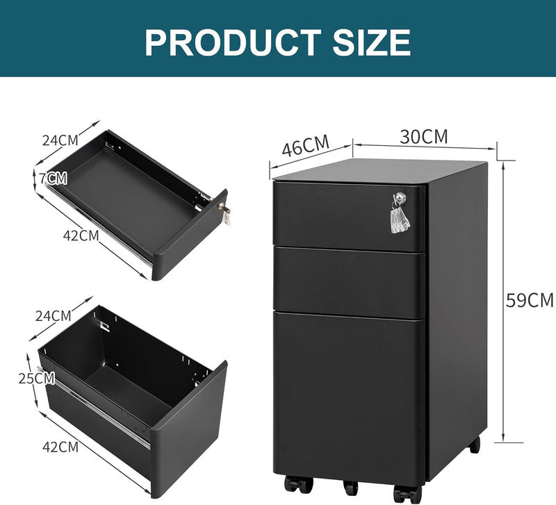 3-Drawer Metal Filing Cabinet on Wheels Fully Assembled