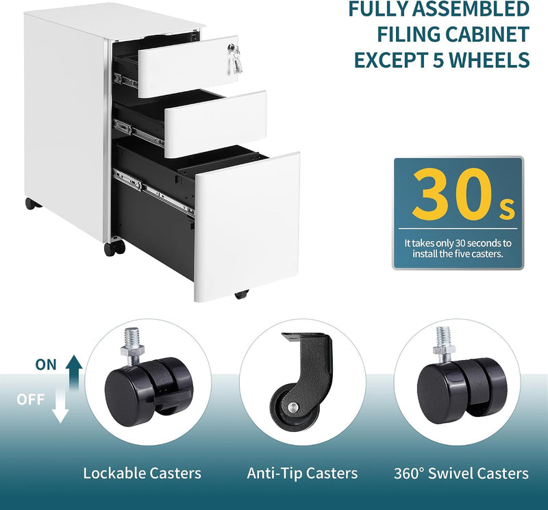 3-Drawer Metal Filing Cabinet on Wheels Fully Assembled