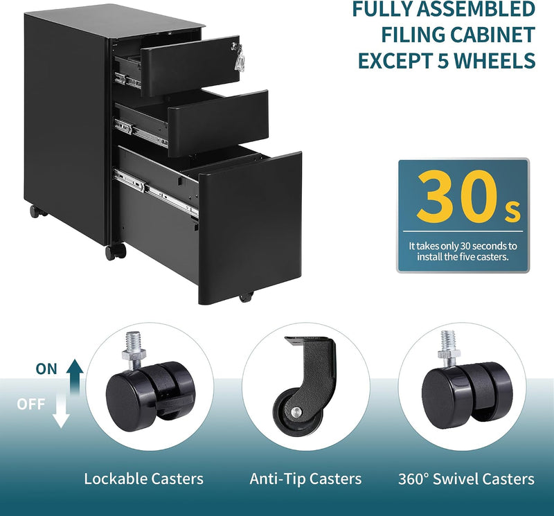 3-Drawer Metal Filing Cabinet on Wheels Fully Assembled