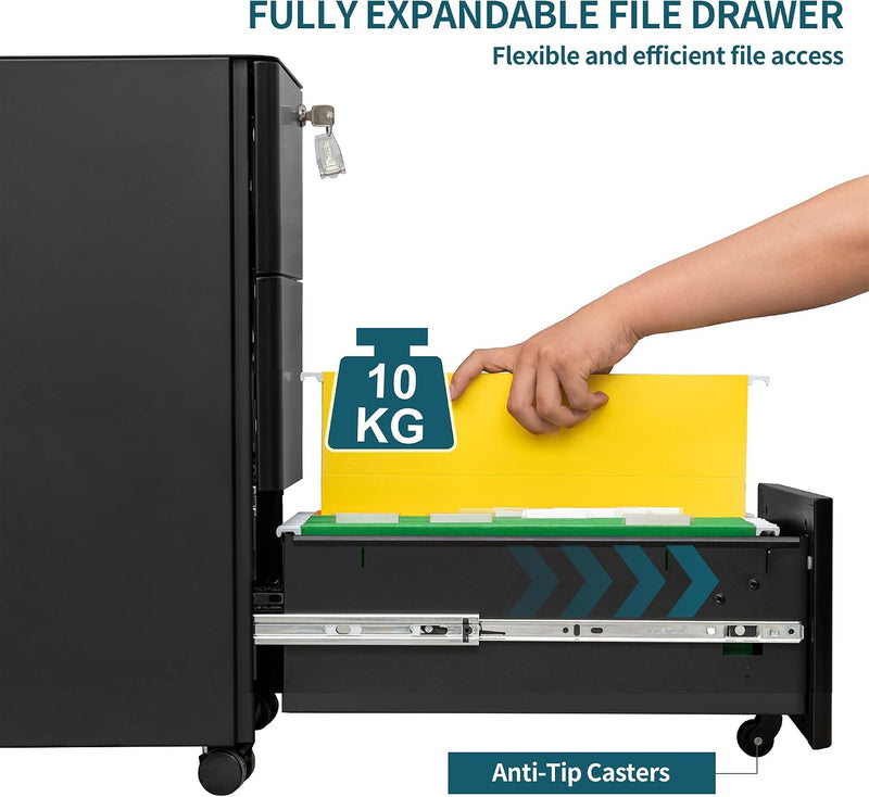 3-Drawer Metal Filing Cabinet on Wheels Fully Assembled